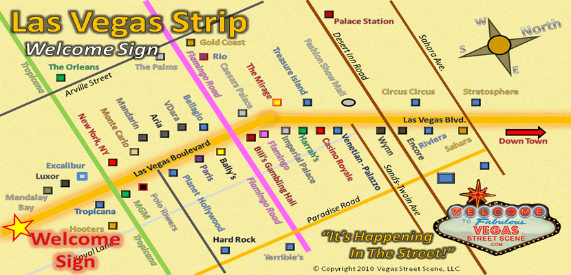 Las Vegas Strip, Map to Welcome to Fabulous Las Vegas